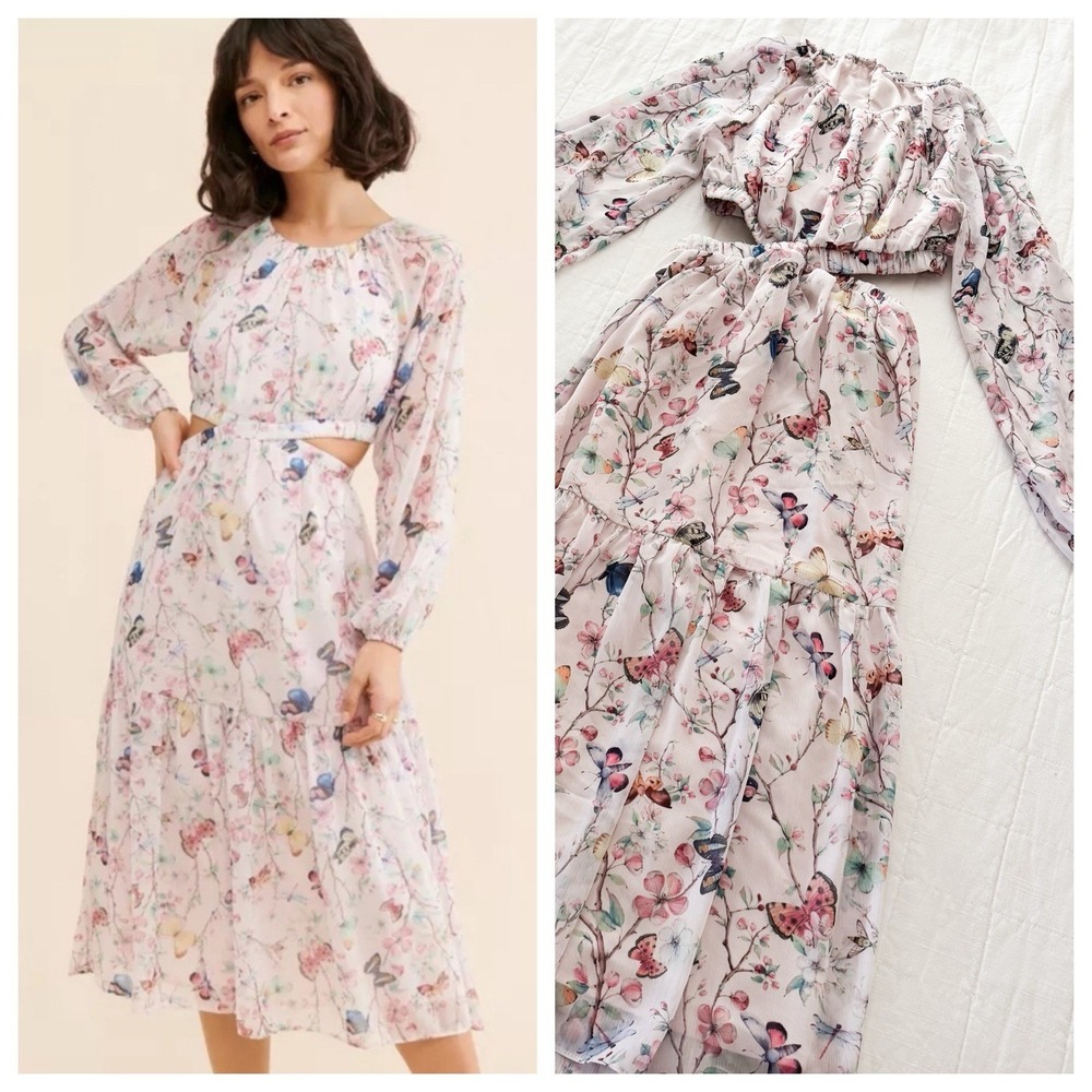 Steve Madden Dress XS Cadi Butterfly Floral Chiffon Whimsical Fairy Cutout